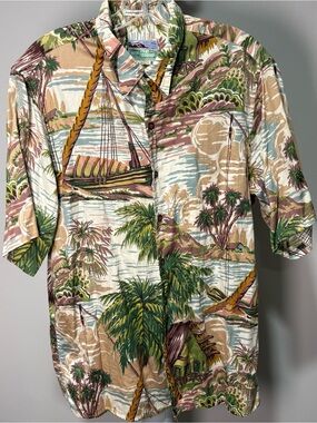 REYN SPOONER Mens M Hawaiian Shirt Tropical Palm Trees Boat Cotton